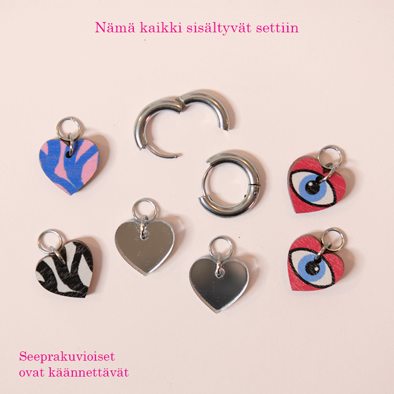 Every Heart-korvakorut, huggie hopeinen rengas, sydän-korvakorut, seepra-kuvio korvakorut, peiliakryyli korvakorut, vaneriset korvakorut, kotimaiset korvakorut, design korut, finnish design. korvakorut, rengaskorvakorut, lahjaidea naiselle
